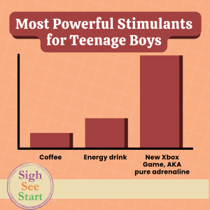 Bar graph listing "most powerful stimulants for teenage boys" coffee, energy drink, and new Xbox game, AKA pure adrenaline. What can parents do about screen time addiction? 