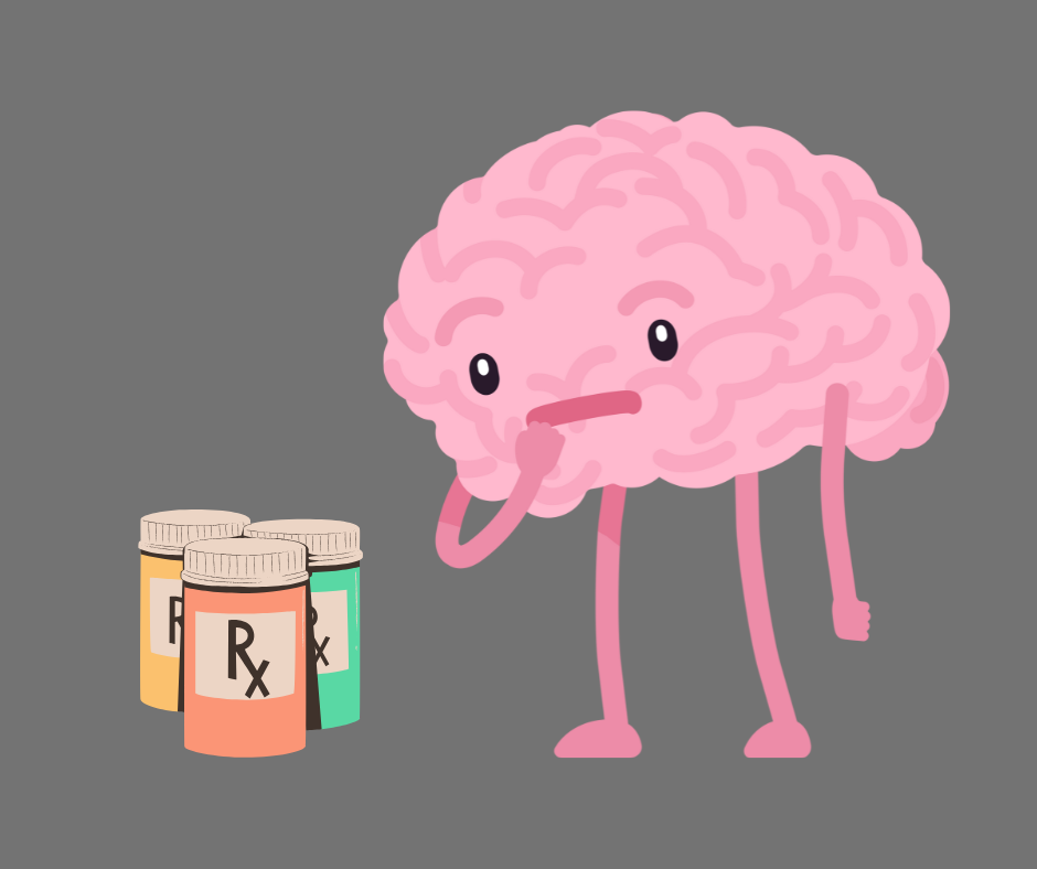 Graphic of cartoon brain considering whether to take prescription medication. 